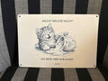 Humorvolles Holzschild mit frecher Katzenillustration – Milch? Welche Milch?