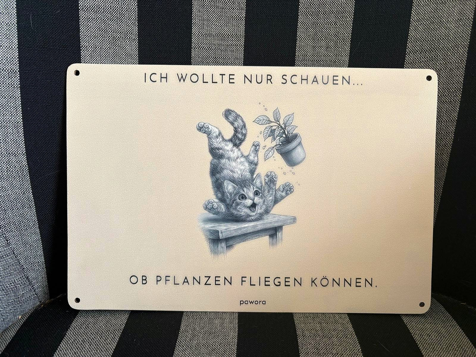 Humorvolles Holzschild mit süßer Katzenillustration – Ich wollte nur schauen ...