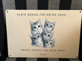 Humorvolles Holzschild mit süßer Katzenillustration – Klein genu g für deine Arme