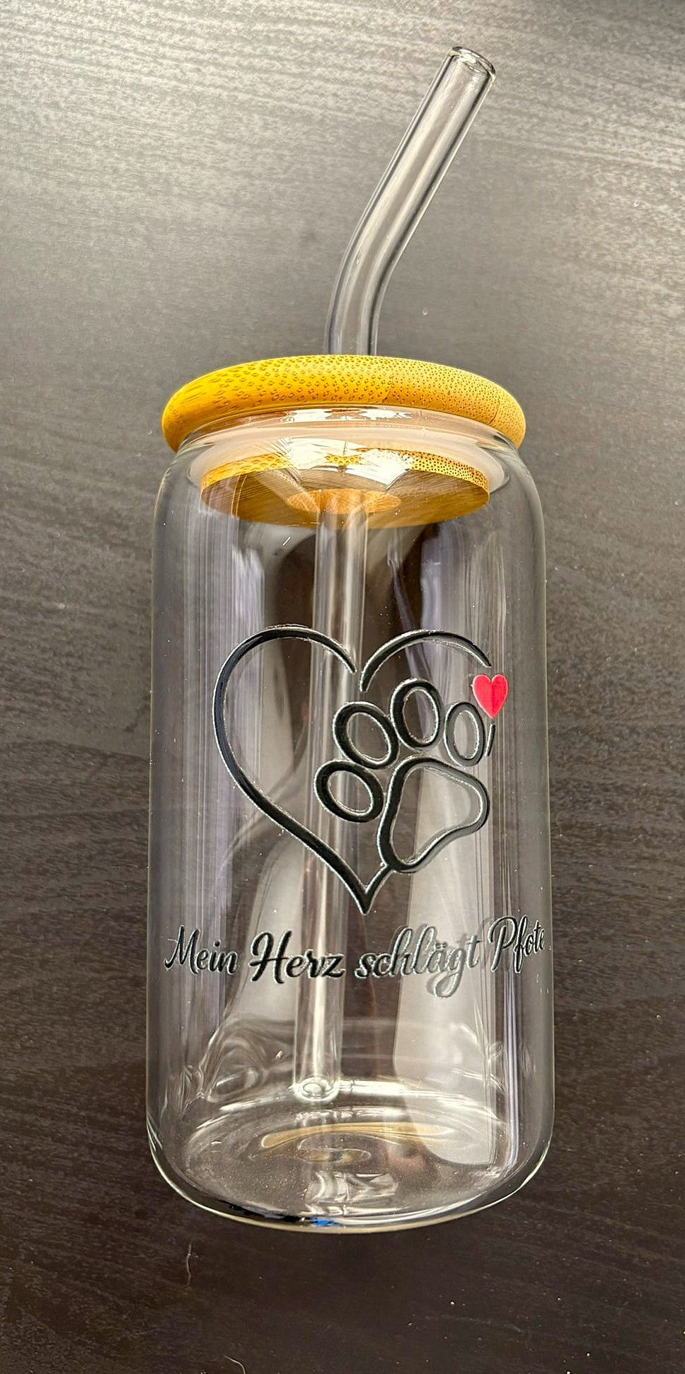 Glas mit Bambusdeckel & Strohhalm „Liebe auf Samtpfoten“